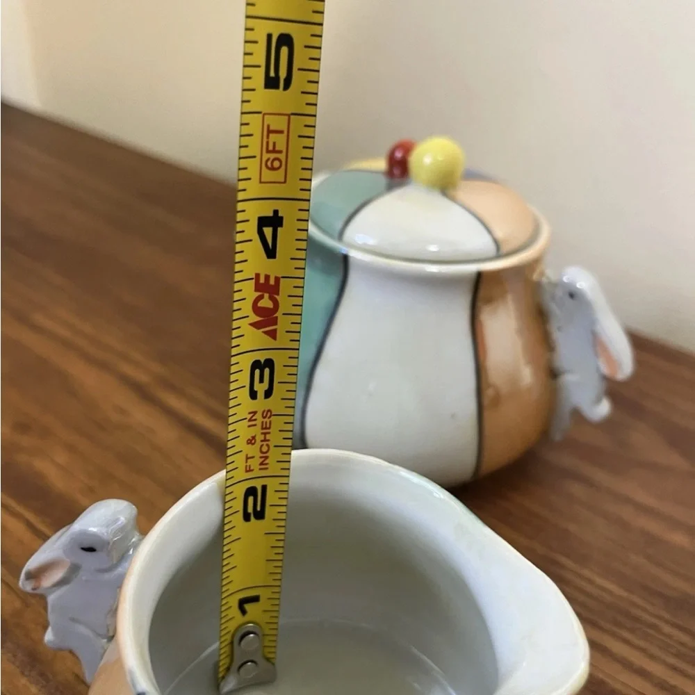 Vintage Japanese Lusterware Creamer & Sugar Wth Rabbit Handle Pastel/Harlequin